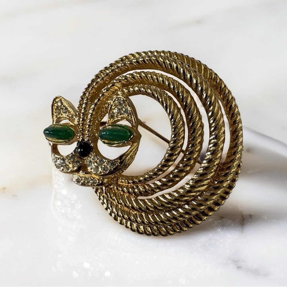 Gold Colour Cat Brooch with Green Accents